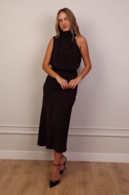 Elegancka sukienka midi z zabudowanym dekoltem czekoladowa