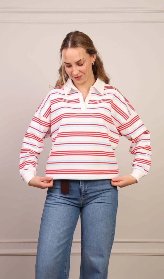Bluza polo w paski biało-czerwona z błękitem