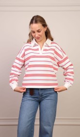 Bluza polo w paski biało-czerwona z błękitem