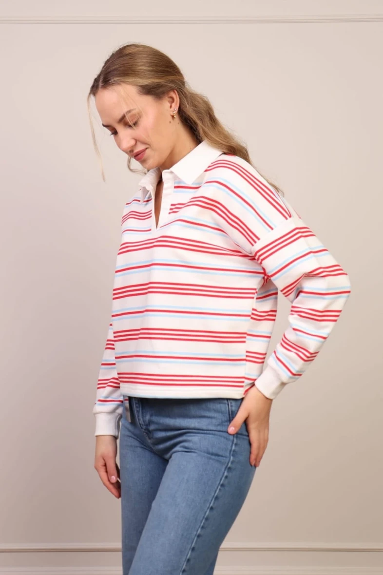 Bluza polo w paski biało-czerwona z błękitem