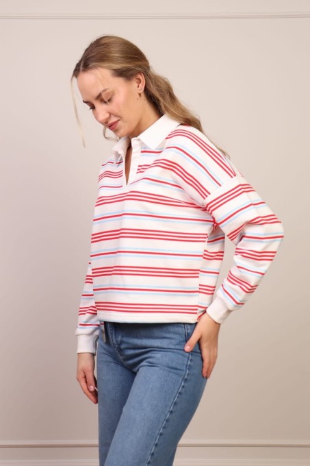 Bluza polo w paski biało-czerwona z błękitem