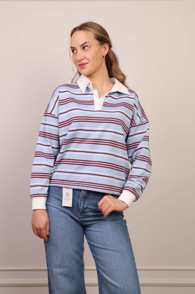 Bluza polo w paski – błękitno-bordowa