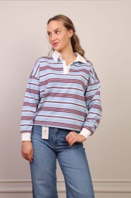 Bluza polo w paski – błękitno-bordowa