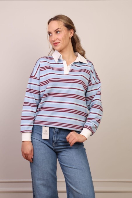 Bluza polo w paski – błękitno-bordowa
