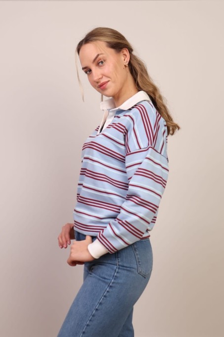 Bluza polo w paski błękitno-bordowa