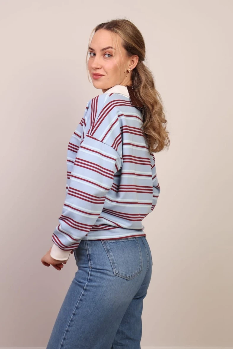 Bluza polo w paski błękitno-bordowa