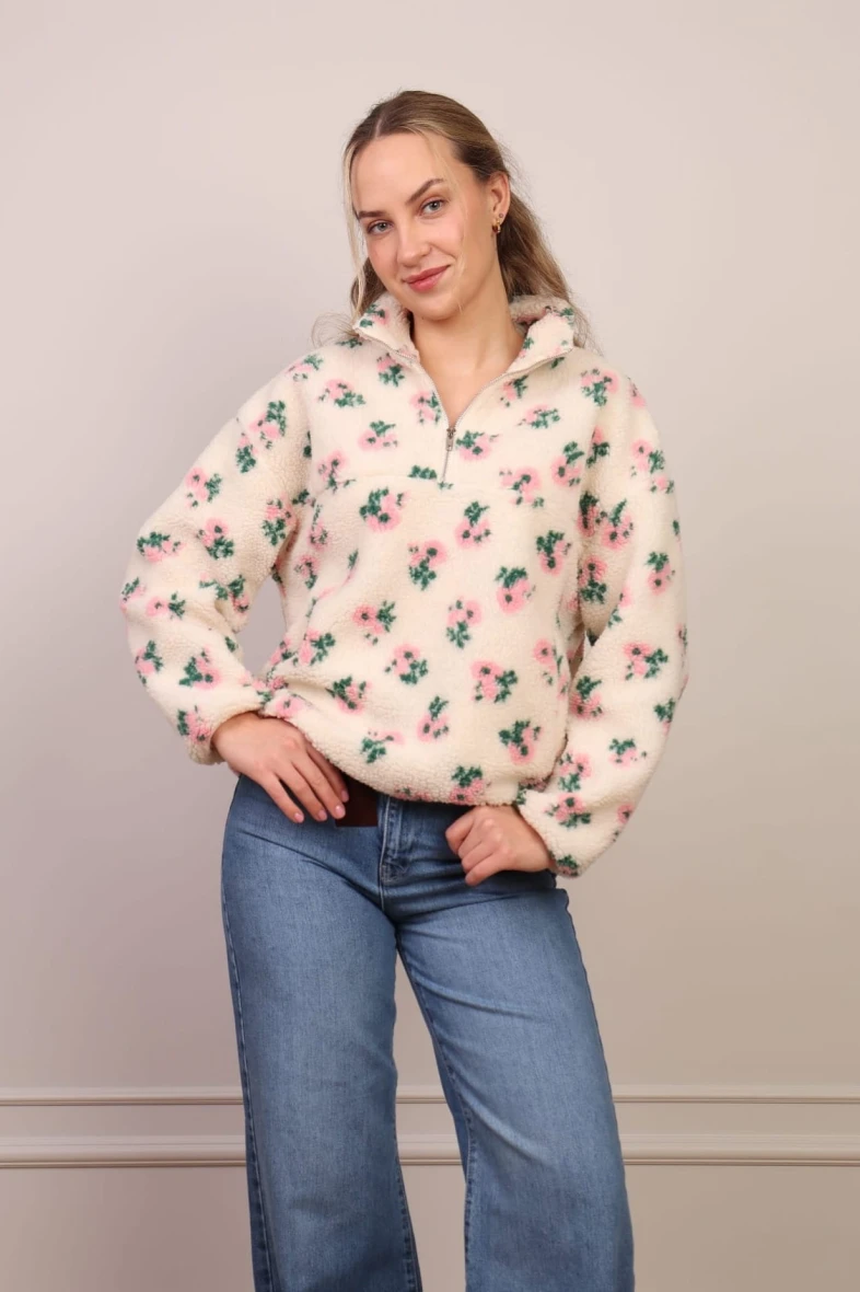 Kremowa bluza polarowa w kwiatki