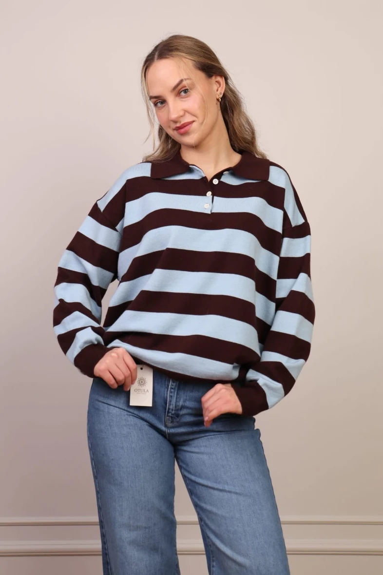 Sweter Polo W Paski  Błękitno-Czekoladowy