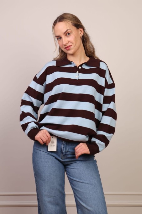 Sweter Polo W Paski  Błękitno-Czekoladowy
