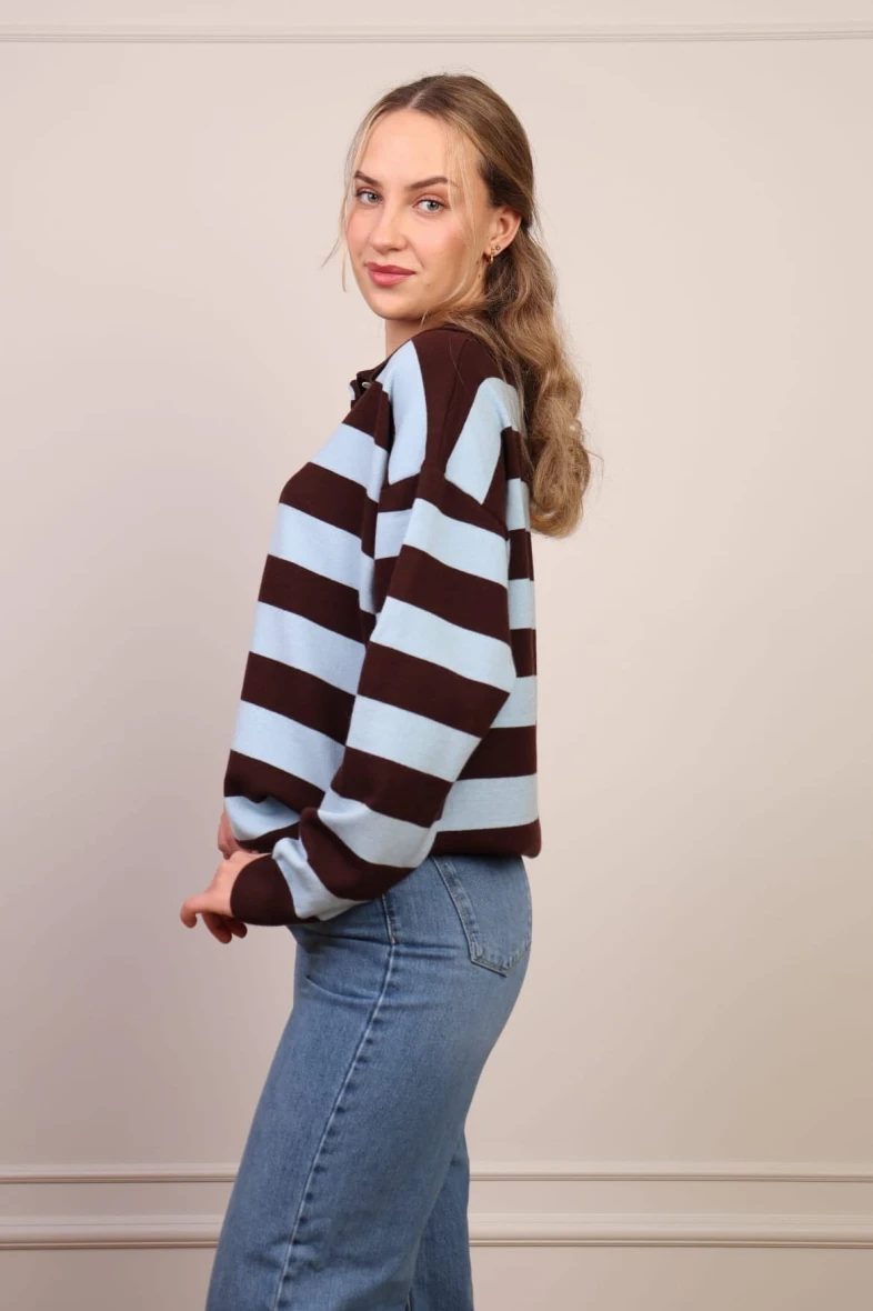 Sweter Polo W Paski Błękitno-Czekoladowy
