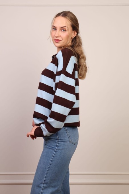 Sweter Polo W Paski Błękitno-Czekoladowy