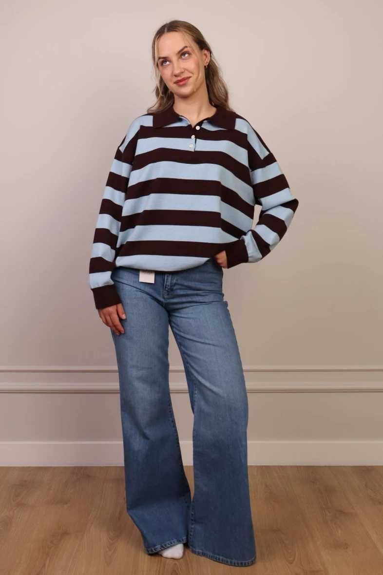 Sweter Polo W Paski Błękitno-Czekoladowy