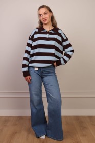 Sweter Polo W Paski Błękitno-Czekoladowy