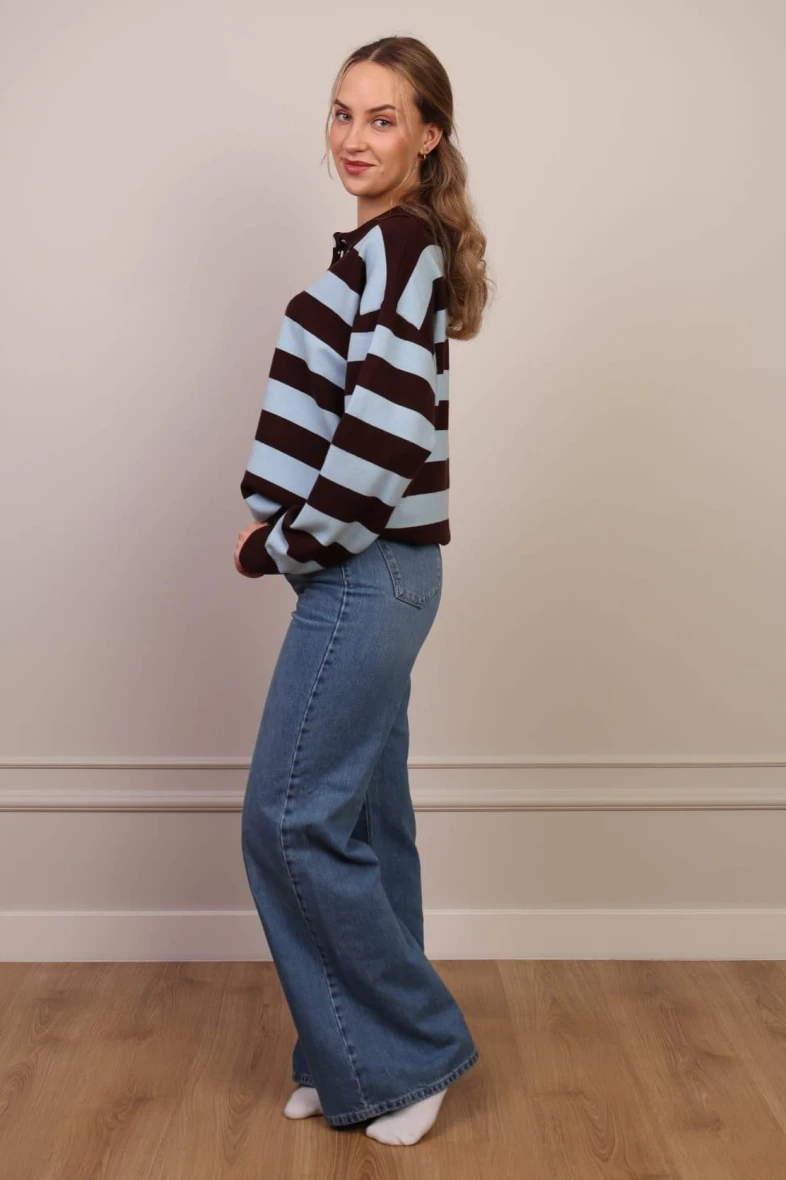 Sweter Polo W Paski Błękitno-Czekoladowy