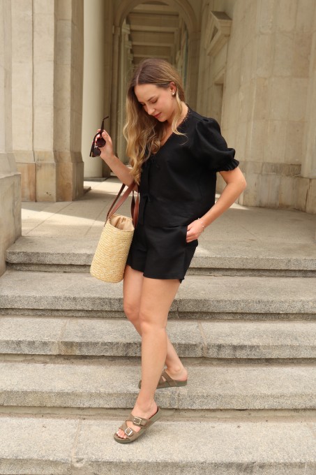 Lniany komplet czarny z szortami