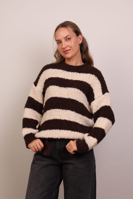 Brązowo-beżowy sweter w paski z alpaką