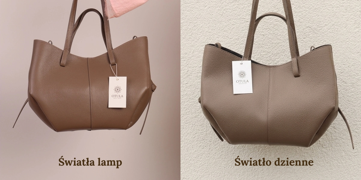 Torebka w kolorze taupe w świetle lamp i w świetle dziennym - porównanie odcienia
